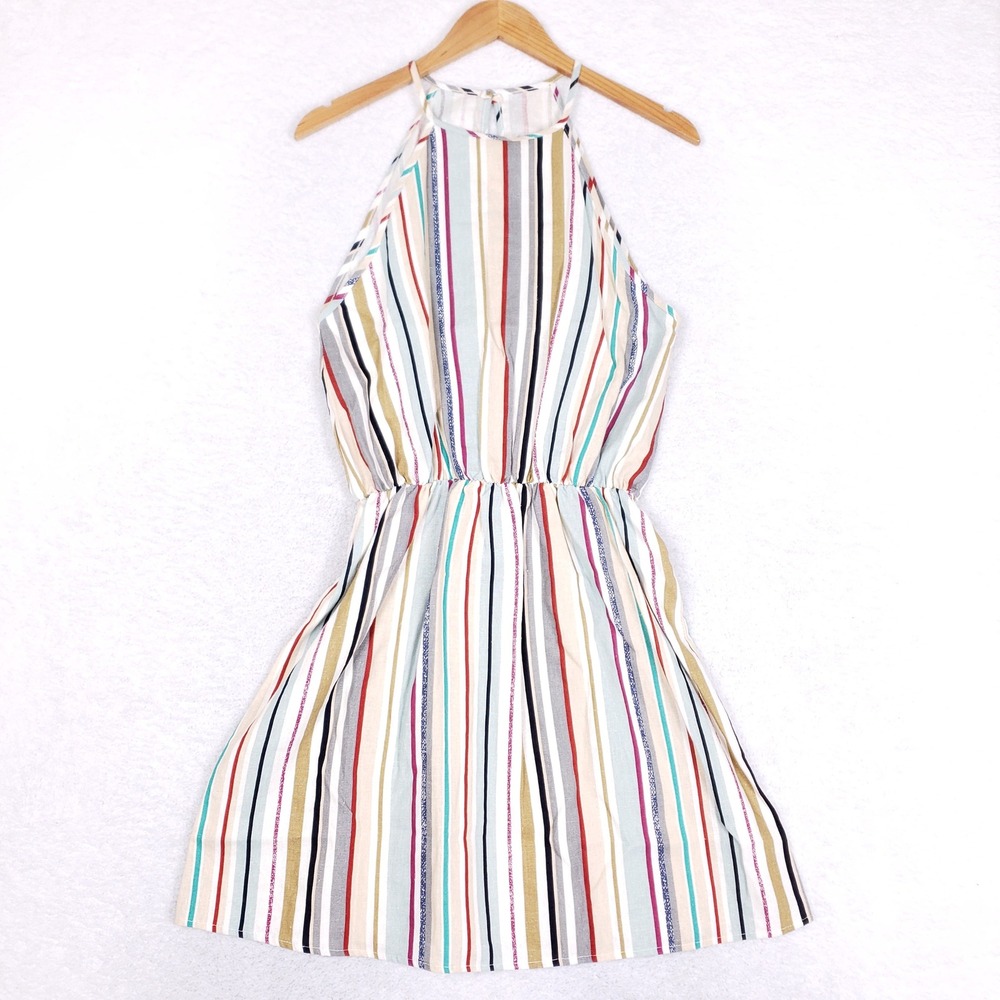 ADORA Halter‎ Dress Womens Medium Linen Blend Multi Stripe Summer Boho Beach